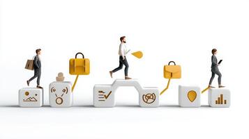 Business people walking on cubes with icons photo