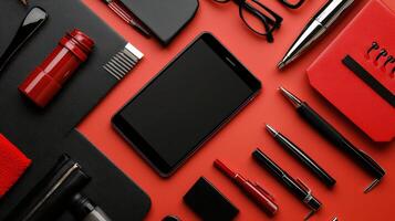 A red desk with various items including a phone, pen, glasses, and a notebook photo