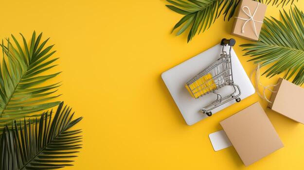Shopping cart and boxes on yellow background with palm leaves 3d top view photo