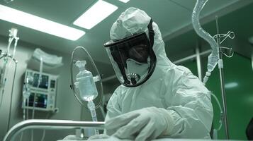 A person in a white suit and protective gear is working on a hospital bed photo