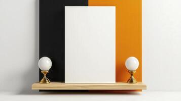 A white board with an orange, black and white background photo