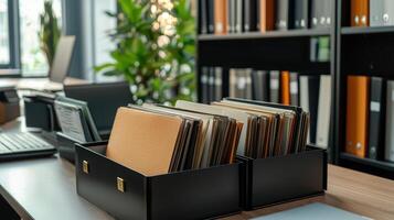 A desk with a laptop, a file cabinet and a bookcase photo