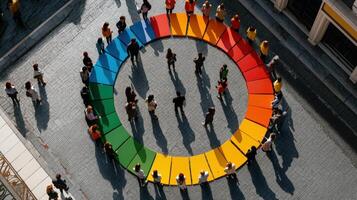 People standing in a circle with a rainbow colored wheel photo