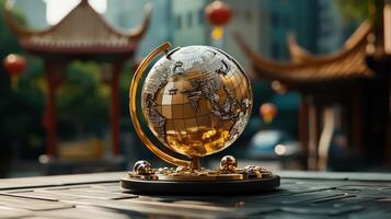 A golden globe on top of a table with a city in the background photo
