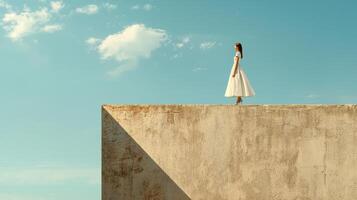 A woman in a white dress standing on a concrete wall photo