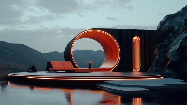 A futuristic design with a circular pool and a red couch photo