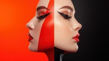 Two images of a woman's face with red and black makeup photo