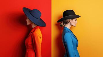 Two women wearing hats on different colors photo