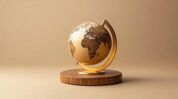 A golden globe on a wooden stand with a gold handle photo