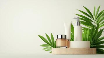 Beauty products on a wooden stand with green leaves photo