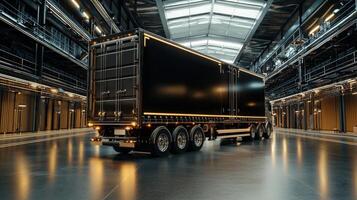 A large black truck in a warehouse photo
