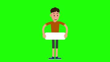 Man Holding Blank Board Animation, Green Screen Background, Message or Sign Display Concept video