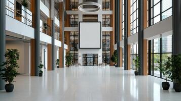 An empty lobby with large windows and white floors photo