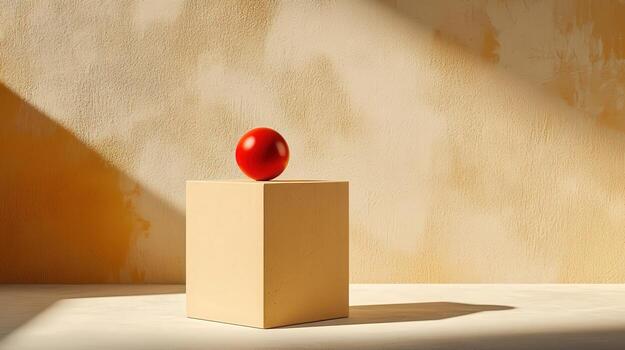 A red egg on a cube in front of a wall photo