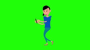 Happy girl walking while using mobile phone green screen animation footage video