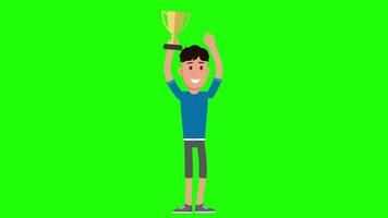 Man Holding Trophy Animation, Green Screen Background, Winner Celebration Concept video