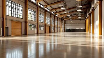An empty warehouse with lots of windows and wooden doors photo