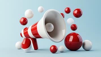 A red and white megaphone surrounded by red and white spheres photo