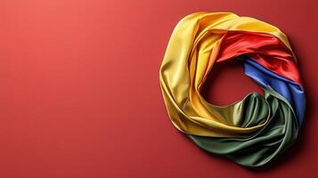 Colorful rainbow scarf on red background photo