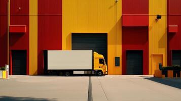 A truck is parked in front of a red and yellow building photo