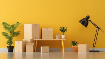 Moving boxes and a lamp in an empty room photo
