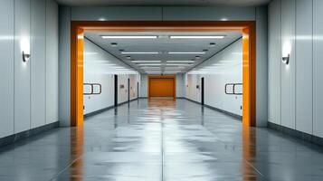 A long hallway with orange doors and a white floor photo
