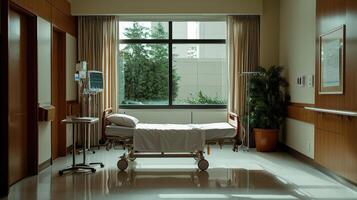 A hospital room with a bed and a window photo