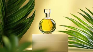 A bottle of perfume on a box with green leaves photo