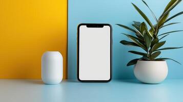 Smartphone and plant on blue and yellow background 3d render photo