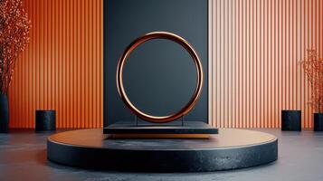 A circular object on a pedestal in front of a wall photo