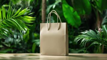 A paper bag sitting on a table in front of green plants photo