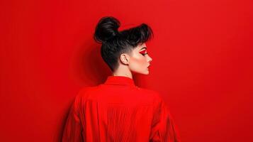 A woman in a red dress with a black hair bun photo