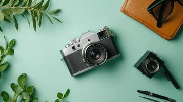 A vintage camera, a wallet, a pair of sunglasses, and a pair of sunglasses on a photo