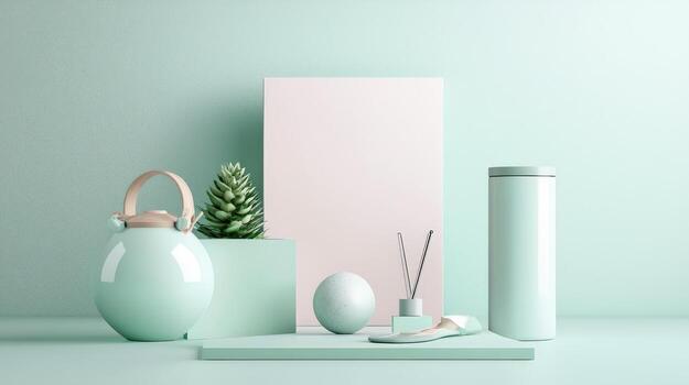 A green vase, vase, and other items on a table photo