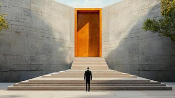 A man standing in front of a large door photo