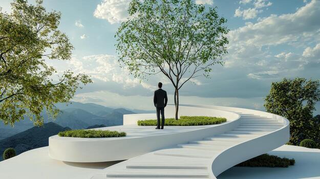 A man stands on a curved staircase with a tree in the middle photo