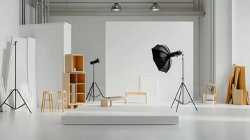 An empty room with a white background and a black umbrella photo