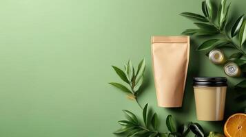 Cosmetics and toiletries on green background photo
