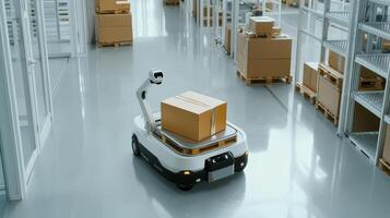 A robot is moving around a warehouse with boxes photo
