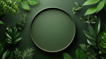 Green oval frame with leaves on a dark background photo
