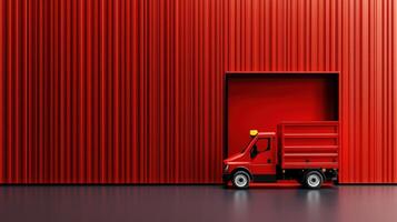 A red truck is parked in front of a door photo