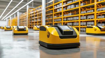 A row of yellow robots in a warehouse photo