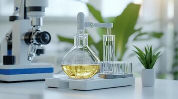 A laboratory with a beaker and a microscope photo