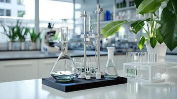 A laboratory with several glassware and beakers photo