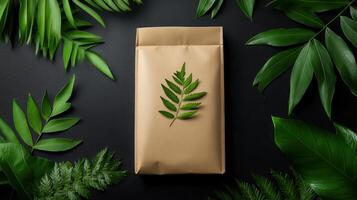 Green leaves and brown paper bag on black background photo