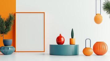 A room with orange and blue vases and a white wall photo