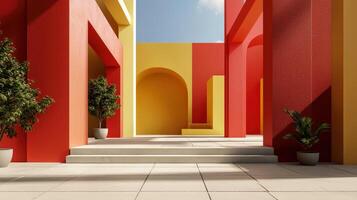 A colorful courtyard with steps and potted plants photo
