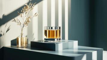 A glass of whiskey and a vase on a table photo