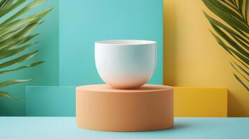 A white cup on a pedestal with a palm tree photo