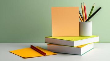 A stack of books, pencils and a notebook on a table photo